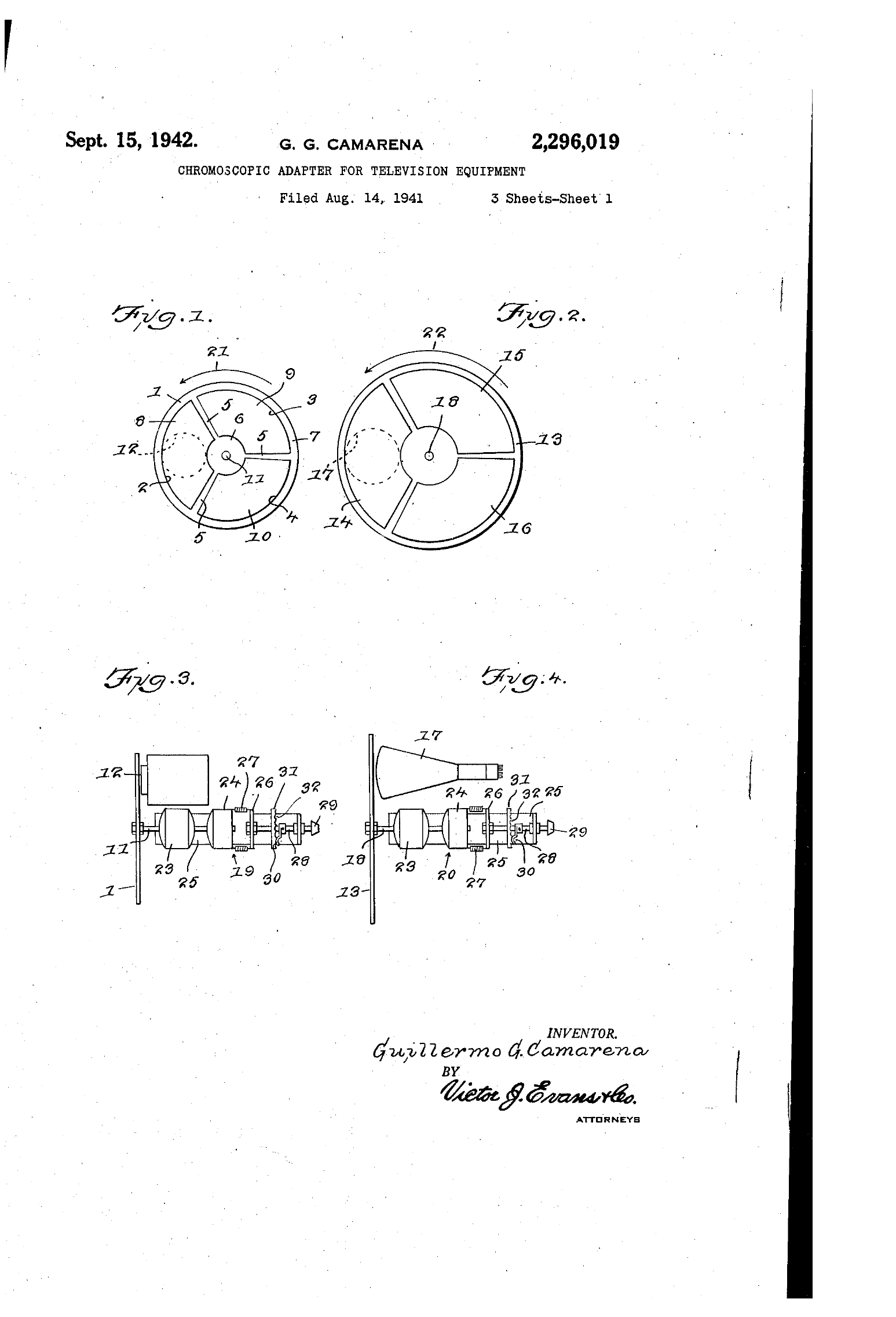 Diagrama de la patente USPTO 2,296,019: el sistema de adaptador cromoscópico de González Camarena